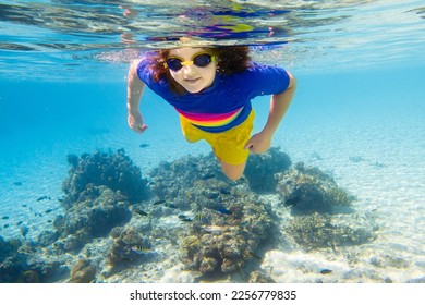 Child snorkeling. Kids swim underwater. Beach and sea summer vacation with children. Little girl watching coral reef fish. Marine life on exotic island. Kid swimming and diving with snorkel and mask. - Shutterstock ID 2256779835