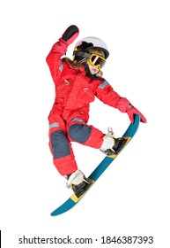 Child Snowboarding Making A Tricks. Snowboard Girl Isolated In Silhouette On White Background.