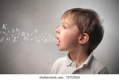 Child speaking and alphabet letters coming out of his mouth