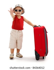 Child Standing Near Luggage, Wearing Hat And Sunglasses, Holding His Luggage And Waving Good Bye With Hand