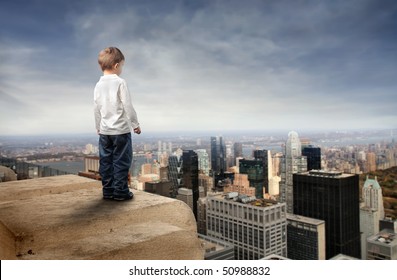 Child Standing On The Top Of A Skyscraper And Observing The City Below