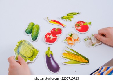 The child studies vegetables and animals. Educational cardboard in the hands on the table. Preparation for school. Classes for children of preschool, primary school age. The development of ingenuity.  - Shutterstock ID 2233710923