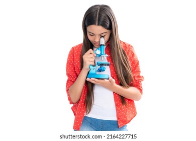 Child study bilogy lesson. Teenage school girl with microscope. Back to school. Girl scientist isolated on white.