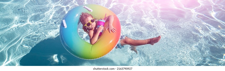 Child Summer Vacation. Summertime Kids Weekend. Boy In Swiming Pool.