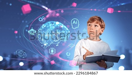 Child take notes with digital AI brain hud hologram, digital hologram with AI brain and chat bot icons, artificial intelligence and blockchain. Concept of machine learning and technology