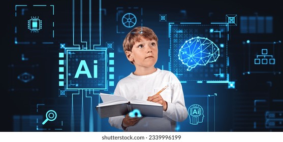 Child taking notes and looking up at AI brain hud hologram, artificial intelligence with digital human brain and circuit board. Concept of machine learning and futuristic technologies