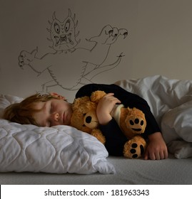 Child With Teddy Bear, Sleeping And Having A Nightmare