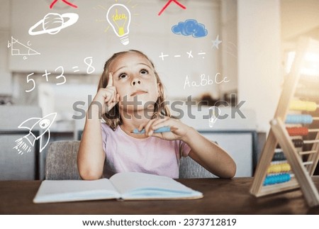 Child, thinking and homework with light bulb for learning math, numbers and creative ideas or solution at home. Girl or kid with school book and education doodle, brainstorming or imagination overlay