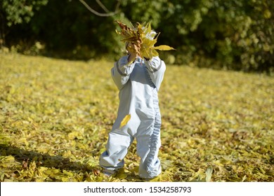 A Child Is Throwing Leafs And The Ground Is Covers With Yellow And Brown Leafs. A Beautiful Autumn Day. Shadow And Sunlight. Short Depth Of Field. Blurry Background.