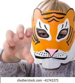 Child With Tiger Mask. Kid Pretending To Be Wild Animal. Toddler Dressed Up Playing And Isolated On White