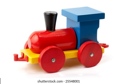 Child toy - wooden locomotive, isolated on white