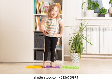 The Child Trains At Home: Fitness, Yoga, Exercises. Distant Training With Personal Trainer, Social Distance, Online Education Concept. Physical And Mental Health Trend