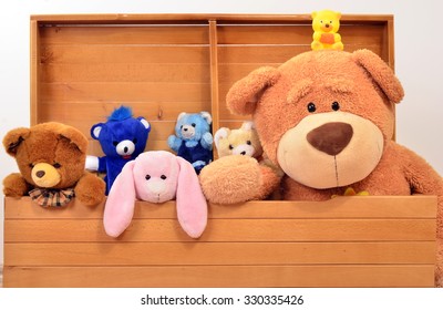 Child Trunk With A Big Teddy Bear And Small Plush Toys. Chest With Cute Baby Toys.