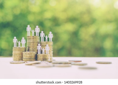Child trust fund / personal money management, financial concept : Family members, parents and baby on rows of rising coins, depicts money management e.g expense tracking, investing, budgeting, banking