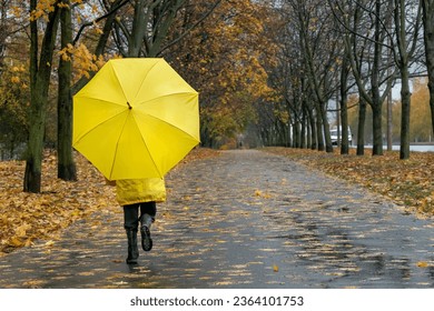 Child with an umbrella runs in deserted autumn park. Fallen leaves background. Back view.