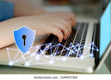 Child Use Computer With Shield Graphic For Safe Search