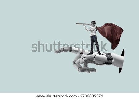 A child uses artificial intelligence, symbolically represented as a cyber robotic hand, to search for information. Child-safe AI technologies concept.