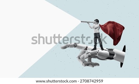 A child uses artificial intelligence, symbolically represented as a cyber robotic hand, to search for information. Child-safe AI technologies concept with copy space.