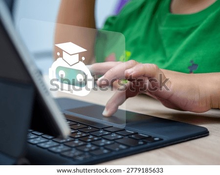 Child using tablet or laptop with AI tutor interface. AI education, smart learning, edtech innovation, interactive knowledge, online education and digital learning technology for future skills.