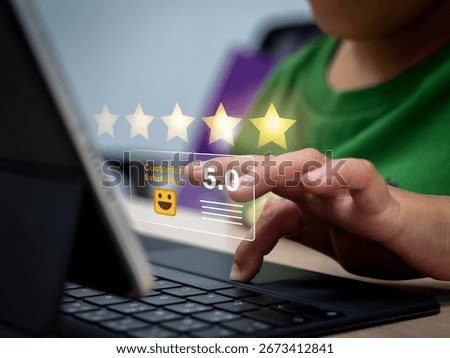 Child using tablet with virtual 5 star rating interface, representing kids and technology, online reviews, customer satisfaction, digital feedback, gamification learning, and interactive experience.