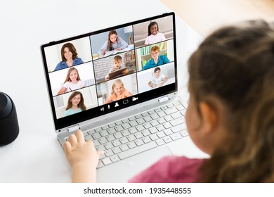 Child Video Videoconference Call On Laptop With Teacher