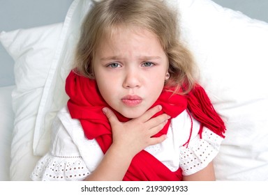 Child Virus Disease,little Girl Throat Pain. Respiratory Infection.. Small Caucasian Kid Got A Cold,flu.