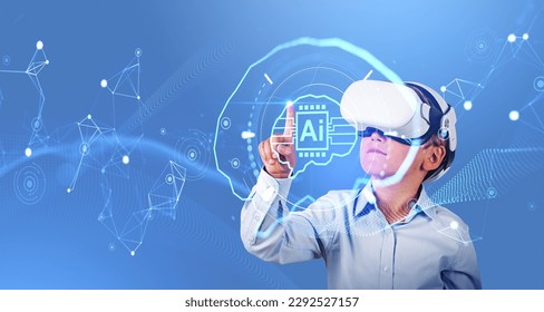 Child in vr glasses, finger touching glowing digital AI brain hud hologram, chip and digital lines. Concept of artificial intelligence, machine learning and education - Powered by Shutterstock