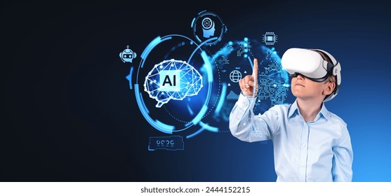 Child in vr glasses, finger touching glowing digital AI brain hud hologram, chat bot and connection lines. Concept of artificial intelligence, machine learning and education
