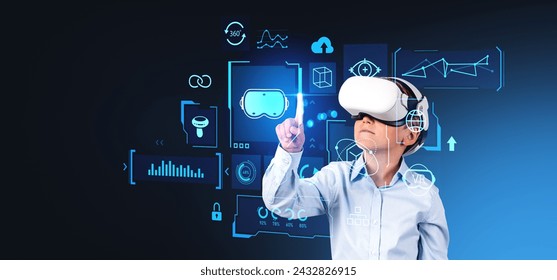 Child in vr glasses headset finger touch glowing digital world icons. Cyberspace helpdesk and futuristic technology. Concept of education in virtual reality - Powered by Shutterstock