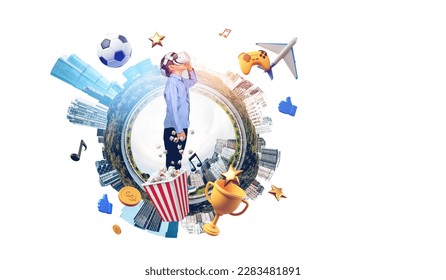 Child in vr glasses playing a video game, earth sphere with entertainment icons and immersive experience on white background. Concept of futuristic technology and multimedia - Shutterstock ID 2283481891