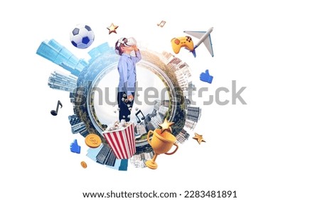 Child in vr glasses playing a video game, earth sphere with entertainment icons and immersive experience on white background. Concept of futuristic technology and multimedia