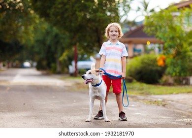 Child Walking Dog. Kid Playing With Cute Puppy. Little Boy Running With His Pet. Children Play In Suburban Neighborhood Street. Animal Friends. Friendship And Love.