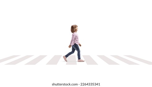 Child walking over pedestrian crossing isolated on white background