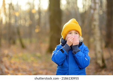Child warming froze hands during walk in the forest on a cold autumn or winter day. Preschooler boy is having fun while walking through the autumn forest. Active family time on nature.