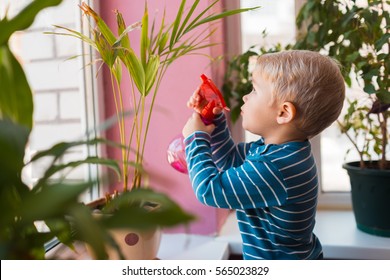 Child Watering Flowers With Red Watering Can In The Room