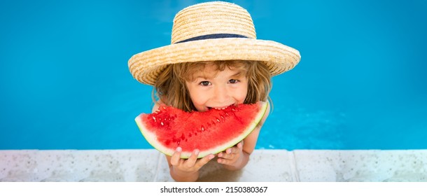 Child with watermelon in pool outdoor. Kid having fun in swimming pool. Kids summer vacation and healthy eating concept. Banner for header, copy space. Poster for web design. - Powered by Shutterstock