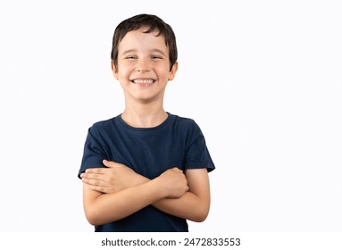 Child with wearing casual blue t-shirt over white background happy face smiling with crossed arms looking at the camera. Positive person. - Powered by Shutterstock