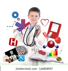 A Child Is Wearing A Doctor Uniform With Health And Medical Icons Around The Boy For An Education Career Concept.