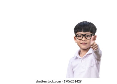 A Child Wearing Glasses Looks Smart Is Thumbs Up Isolated On White Background. Little Boy Smiles And Thumbs Up.