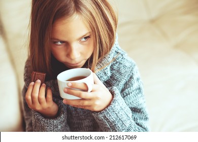 Child Wearing Sweater Drinking Tea Home Stock Photo 212617069 ...