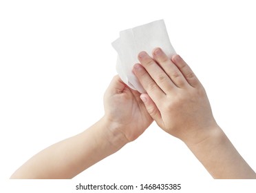 The Child Wipes, Cleans His Hands With A Wet Napkin Or Wipe Isolate On A White Background