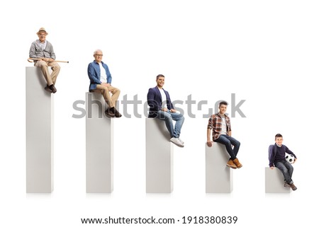 Child, young and elderly men sitting on a graph chart isolated on white background