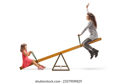 Child and a young woman playing on a seesaw isolated on white background - Powered by Shutterstock