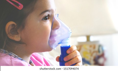 Childhood Asthma Inhaling Mask Illnesses Little Baby Girl With Flu Id Doing Aerosol Independently .