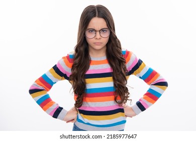 Childhood Emotion Anger And Hate. Teenager Girl Frowning Upset Because Of Problem. Mad Young Girl Isolated In Studio Background. Furious Child.