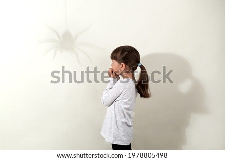 Childhood fears. Side view of small dark haired girl wearing white casual shirt having fear of insects, looking at shadow of spider on wall and biting fingernails, isolated over gray background.