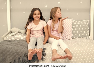 Childhood Friendship Concept. Girls Best Friends Sleepover Domestic Party. Girlish Leisure. Sleepover Time For Fun Gossip Story. Best Friends Forever. Soulmates Girls Having Fun Bedroom Interior.