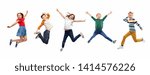 childhood, fun and motion concept - happy children jumping over white background