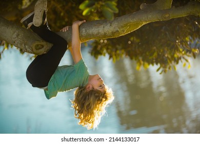 Childhood leisure, happy kids climbing up tree and having fun in summer park. Young boy playing and climbing a tree and hanging upside down. Teen boy playing in a park. - Shutterstock ID 2144133017
