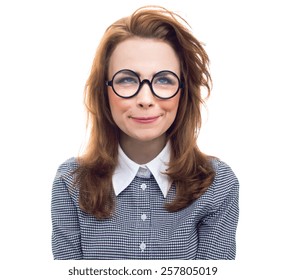 Childish Geek Or Loony Woman Isolated On White Making A Face Funny Grimace.